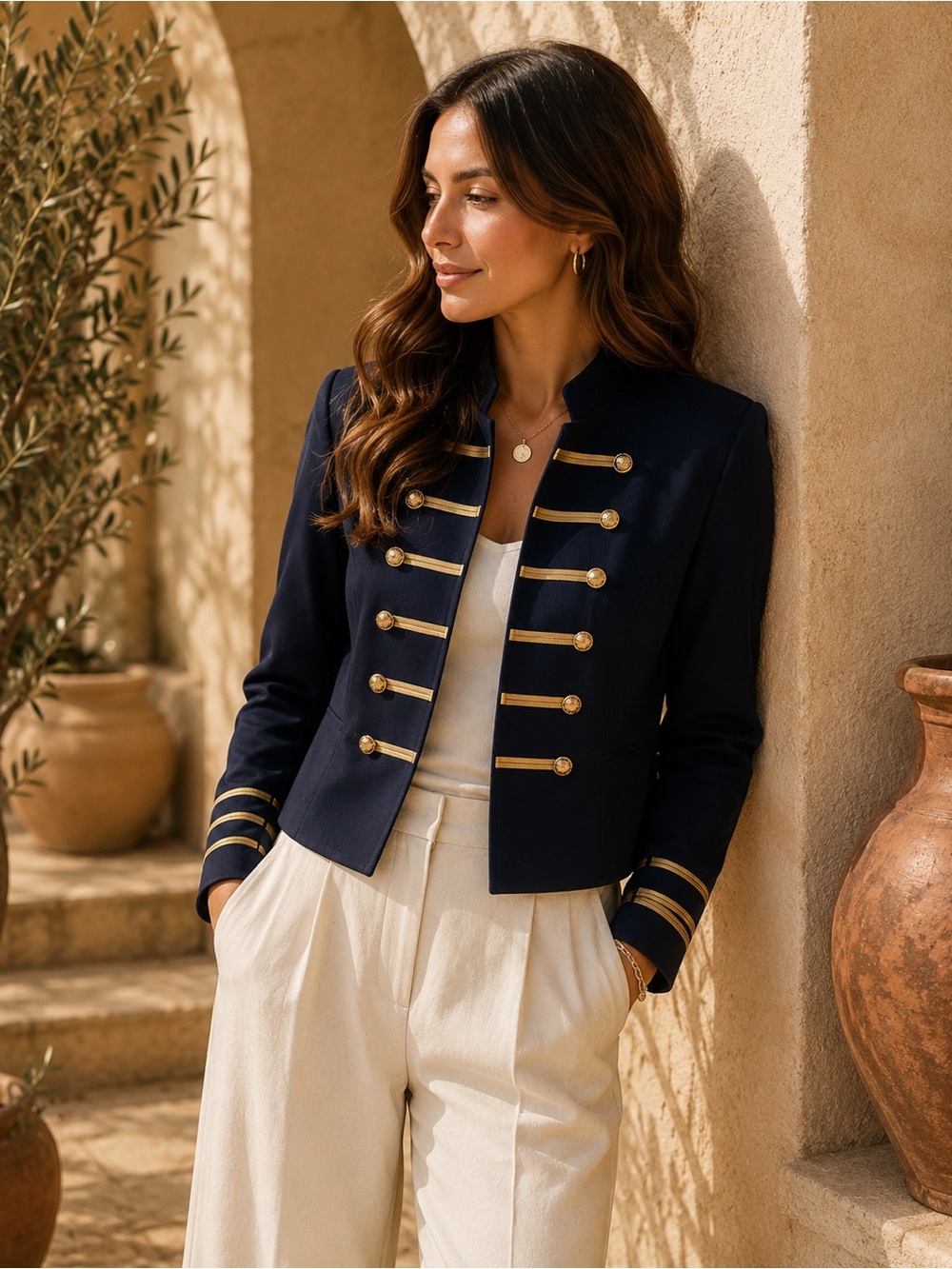 207. Navy Military Blazer | Gold Trim Band Jacket | Nautical Chic | Medium